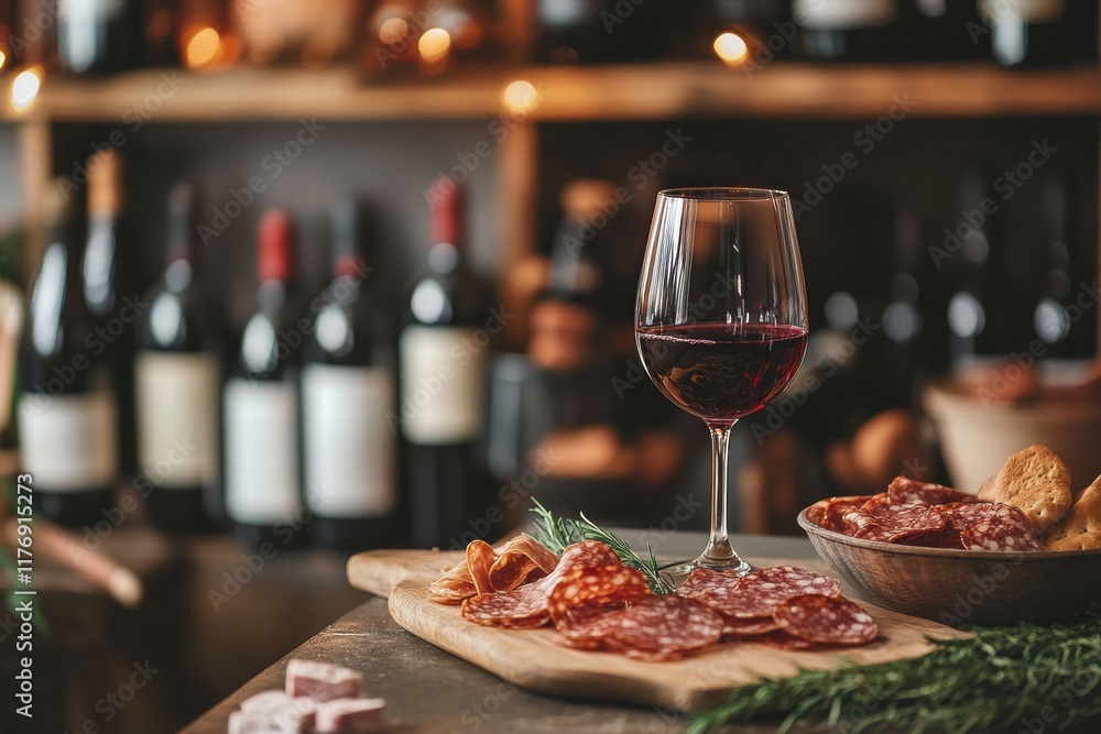 Poster elegant wine cellar featuring vintage bottles and a tasting table with charcuterie and red wine. gen