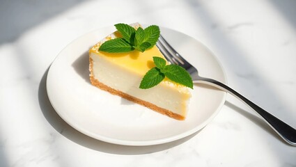 A delicate slice of lemon cheesecake garnished with fresh mint leaves and powdered sugar, placed on a minimalist plate