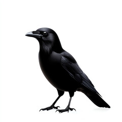 Obraz premium A sleek black raven stands prominently with sharp features and an inquisitive gaze, representing mystery and intelligence in nature.