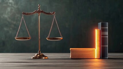 Scales of justice tipping unevenly with a glowing law book beside them, representing imbalance, law restriction and review, system critique