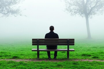 A person sitting on a bench, immersed in deep contemplation, surrounded by fog and greenery, evoking a sense of tranquility and solitude.