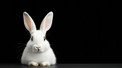 Obraz premium fluffy white rabbit with long ears sits against black background