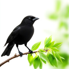 Obraz premium A striking black bird perched on a branch, surrounded by vibrant green leaves, showcasing nature's beauty and tranquility.