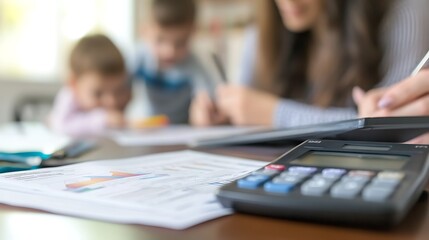 A mother and father discussing their financial goals with a calculator and budget planner while their children play in the background