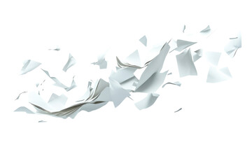 Flying sheets of paper create a dynamic composition in a minimalist setting with a white background