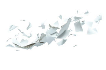 Flying sheets of paper create a dynamic composition in a minimalist setting with a white background