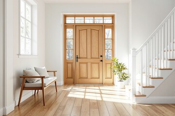 Fototapeta premium Wooden door with sidelights in a bright hallway, white walls, wooden floor, a bench, and a potted plant nearby. Cozy and inviting home entrance. Ai generative