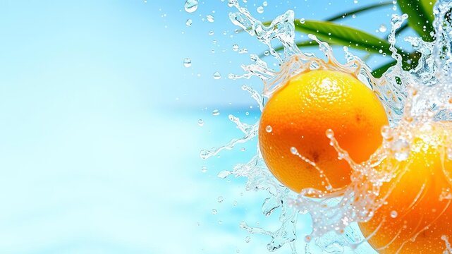 Fresh oranges splashing in vibrant blue water under bright afternoon sunlight, exuding energetic summer vibes, tropical, splash, natural