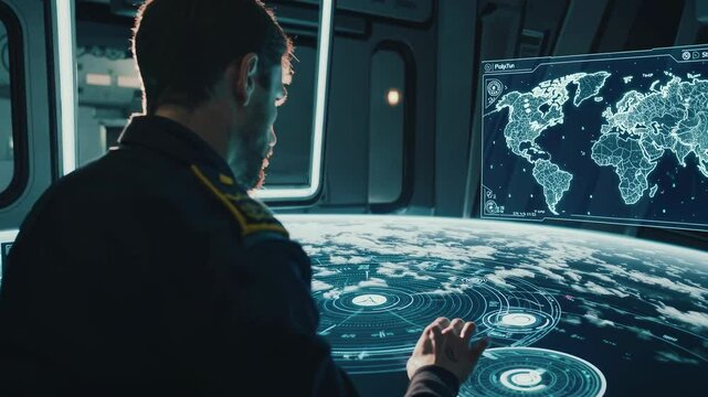 Exploring advanced technology in space command center with global mapping