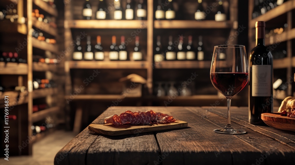 Poster elegant wine cellar featuring vintage bottles with a tasting table and charcuterie board at sunset. 