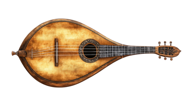 Vintage Mandolin: A worn, but beautiful, vintage mandolin rests against a blank background, its intricate details and weathered wood hinting at a rich history of music.