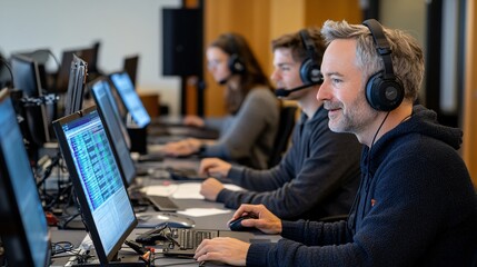 A team of professionals working diligently at computers, wearing headsets in a modern office environment.