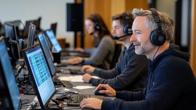 A team of professionals working diligently at computers, wearing headsets in a modern office environment.