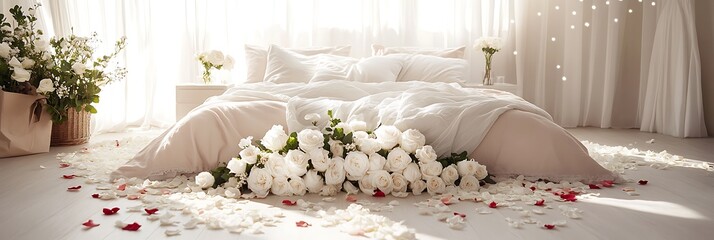 A dreamy Valentine bedroom with white and blush flowers on the bed surrounded by soft warm light and gentle rose petals on the floor creating a romantic scene
