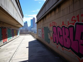 Graffiti-covered wall in the NYC subway station showcasing vibrant colors and urban street art, gritty, urban decay, texture