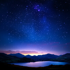 A stunning night sky filled with stars over a tranquil lake framed by mountains, showcasing nature's beauty and serenity.
