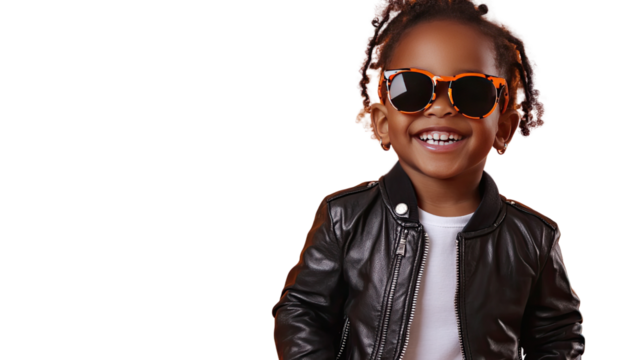 Cool Kid in Sunglasses: A young boy with a bright smile and an air of confidence, rocking a leather jacket and sunglasses. He embodies a carefree spirit and a sense of style.
