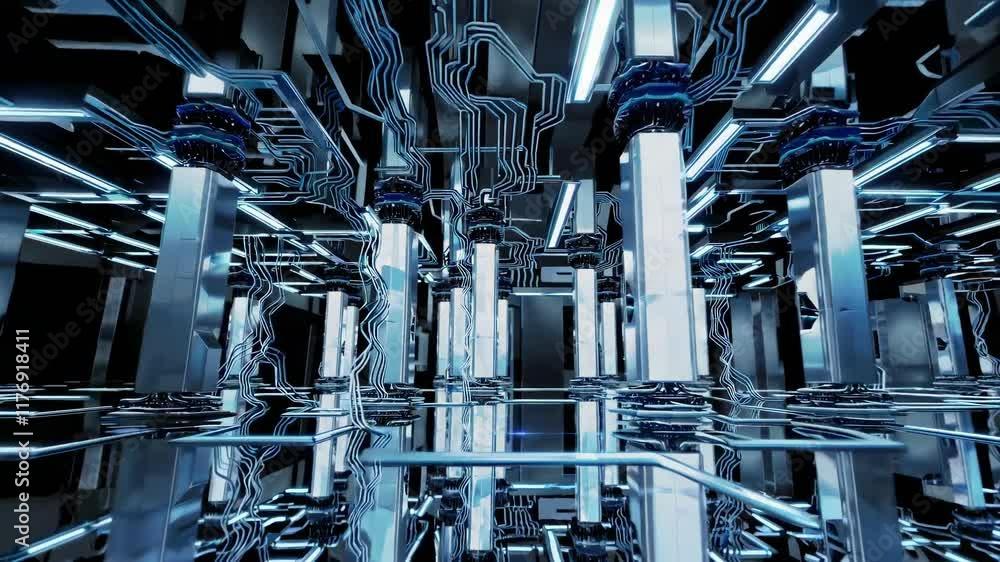Aufkleber Exploring a futuristic digital landscape filled with glowing circuits and reflective surfaces