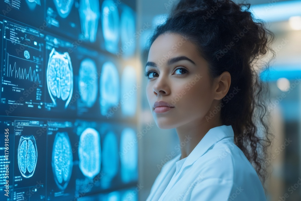 Poster medical doctor analyzing brain mri scan images on multiple monitors in laboratory