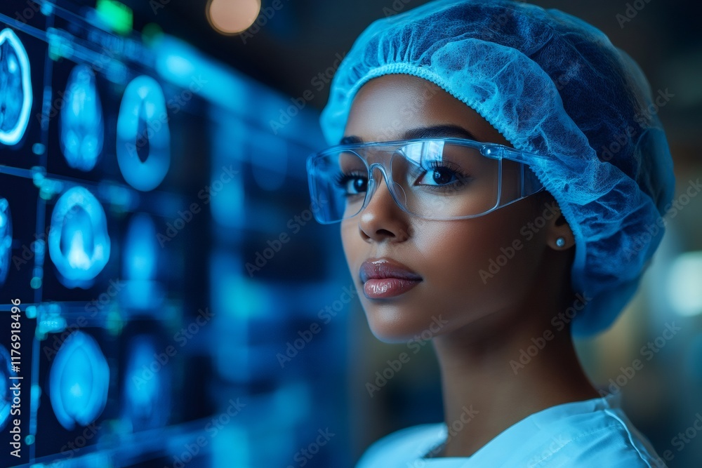 Poster medical doctor analyzing brain mri scan images on computer monitor in laboratory