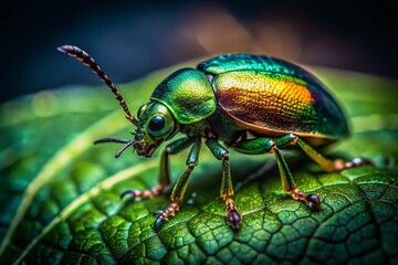 Fototapeta premium Low Light Macro Photography: Beetle on Green Leaf