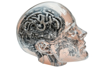 Intricate design of a human brain in a transparent head sculpture showcasing advanced technology and creativity