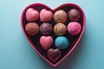 Heart shaped box overflowing with colorful chocolates for valentine's day