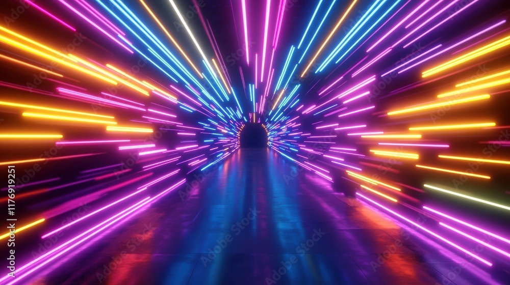 Poster vibrant 3d abstract neon light motion background with colorful rays and dynamic illumination in a fu