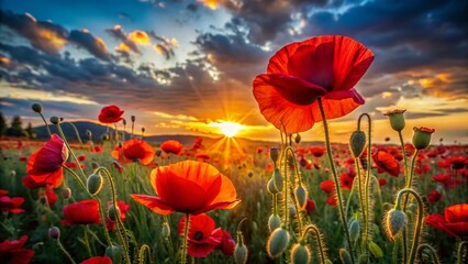 Obraz premium Low Light Poppy Field at Dusk, Vibrant Red Blooms, Night Photography