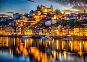 Fototapeta premium Low Light Porto: Gaia's Wine Cellars & Douro River Panorama