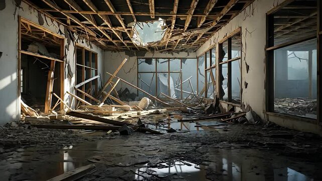 Abandoned Building Interior with Collapsed Ceiling, Broken Windows, and Debris in a Sunlit Ruined Space

