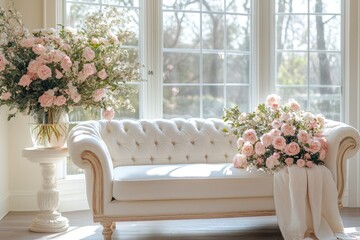Fototapeta premium Luxurious white sofa displaying elegant pink and white roses in front of window