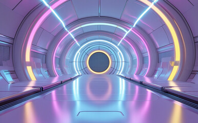stock photo features a futuristic, empty 3D room with a white background, neon lighting, and a modern interior design, creating a sleek and abstract space technology tunnel stage