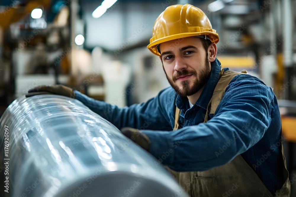 Poster factory worker handling big plastic roll in production line