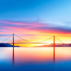 Obraz premium A stunning view of a bridge at sunset, reflecting vibrant colors in the water beneath, showcasing the beauty of architecture and nature.