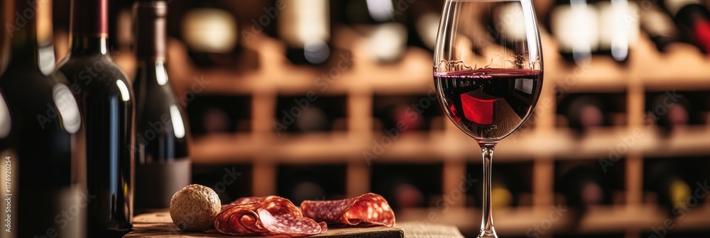 Poster Elegant wine cellar with vintage bottles and a tasting experience featuring red wine and charcuterie. Generative AI