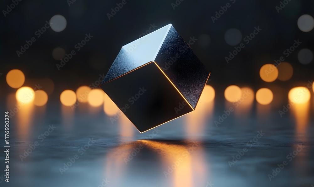 Poster floating metallic cube with bokeh lights.