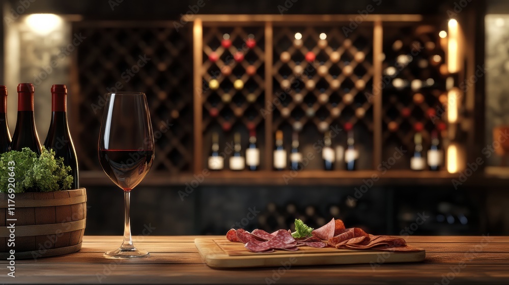 Poster elegant wine cellar featuring vintage bottles and a tasting table with red wine and charcuterie boar