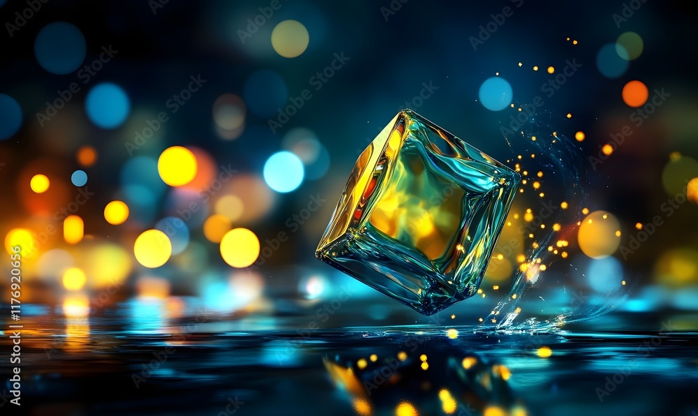 Poster transparent cube splashes onto liquid surface with bokeh lights.