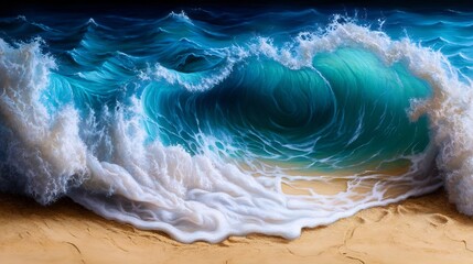 Ocean Wave Crashing on Sandy Beach: A Masterpiece of Blue Hues