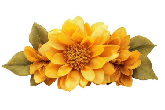 Beautiful arrangement of yellow artificial flowers with green leaves for home decoration or crafting projects