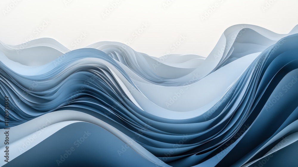 Poster Abstract waves create a dynamic flow with varying heights and curves in soft shades of blue and white. Generative AI