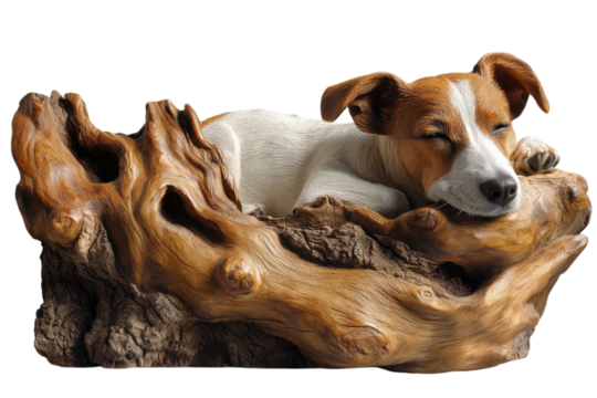 Sleeping dog rests peacefully on a wooden log sculpture in a serene indoor setting during daylight hours