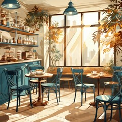 Minimalist Interior Design of a Cozy Coffee Shop with Wooden Furniture