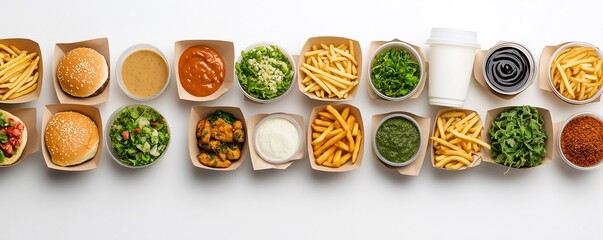 Delicious fast food with hamburger, fries and drink and sauces on a minimalistic white background