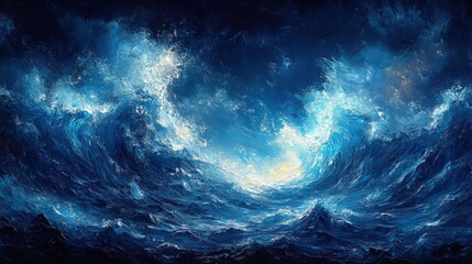 Ocean waves, impasto style, deep blue hues.