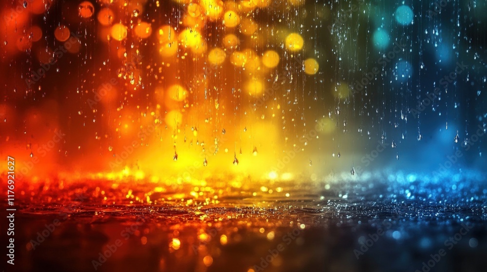 Poster vibrant abstract background with water drops and light rays creating a colorful and dreamy atmospher