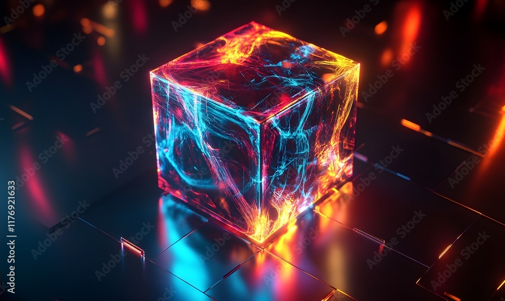 Poster abstract cube with fire and electric patterns on dark surface.