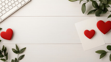 A flat lay of red hearts and green leaves on a white wooden surface, conveying love and affection, with a keyboard partially visible.