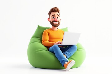 Cartoon-style man sitting on a green bean bag, working on a laptop, white background, concept of comfort, remote work, and relaxation. Ai generative